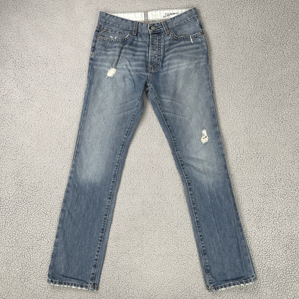 Tommy Hilfiger Button Fly Jeans Men 30x32 Blue Slim Straight‎ Whisker Distressed